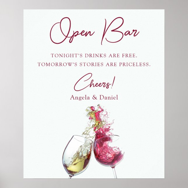 Öppen Bar Elegant Rött och Vitt Vin Dans Bröllop Poster (Framsidan)