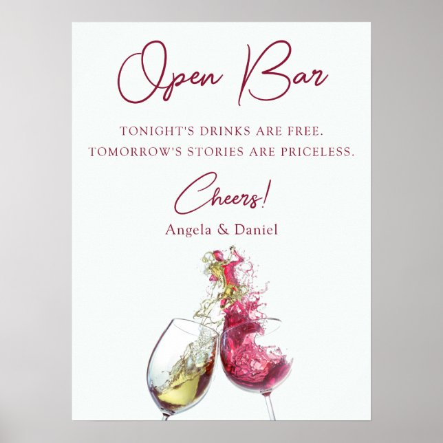 Öppen Bar Elegant Rött och Vitt Vin Dans Bröllop Poster (Framsidan)