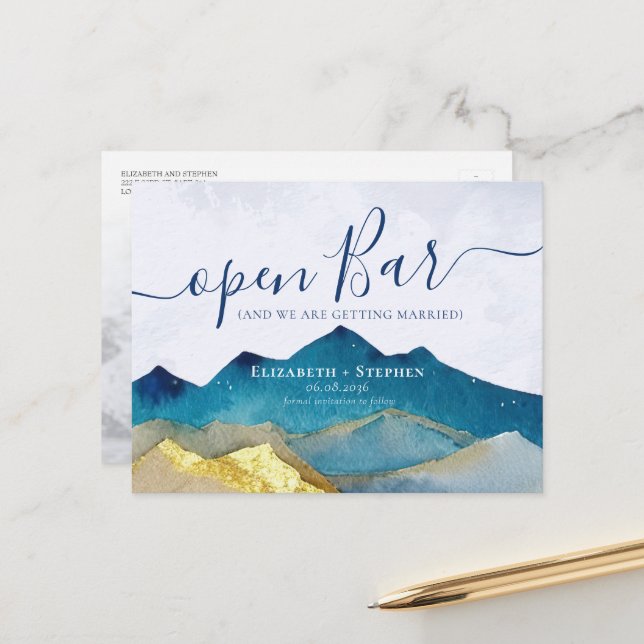 Öppen Bar Guld Berg Bröllopsfoto Spara Datum Meddelande Vykort (Fram/Back In Situ)
