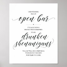 Öppen bar på bröllop, skylt om berusade bus