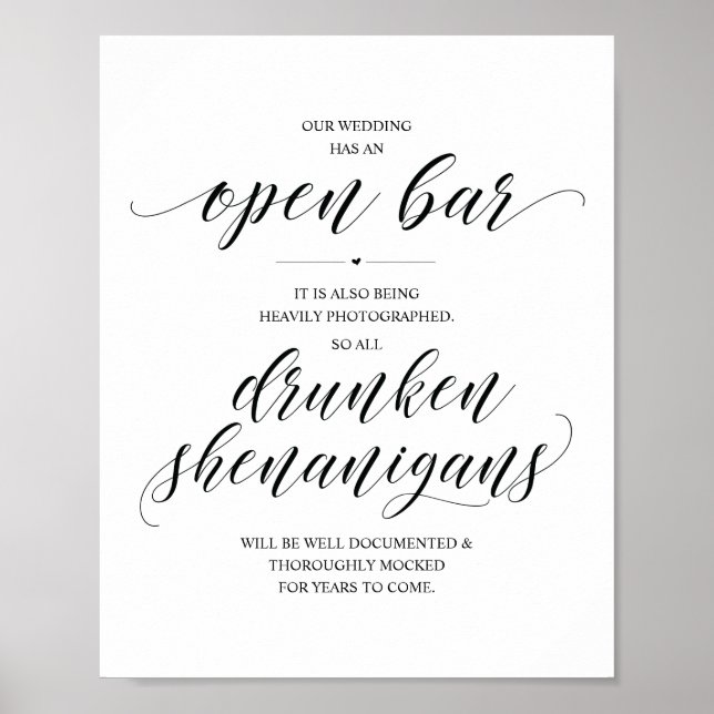 Öppen bar på bröllop, skylt om berusade bus (Framsidan)
