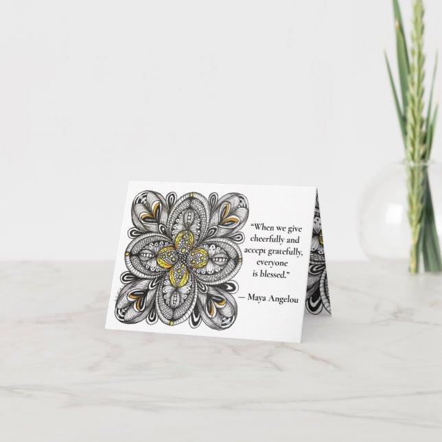 Öppen blomma-doodle med tacksamhetscitat tack kort (Framsida)
