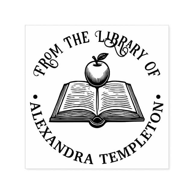 Öppen bok med Apple #1P med bibliotekets boknamn Självfärgande Stämpel (Design)