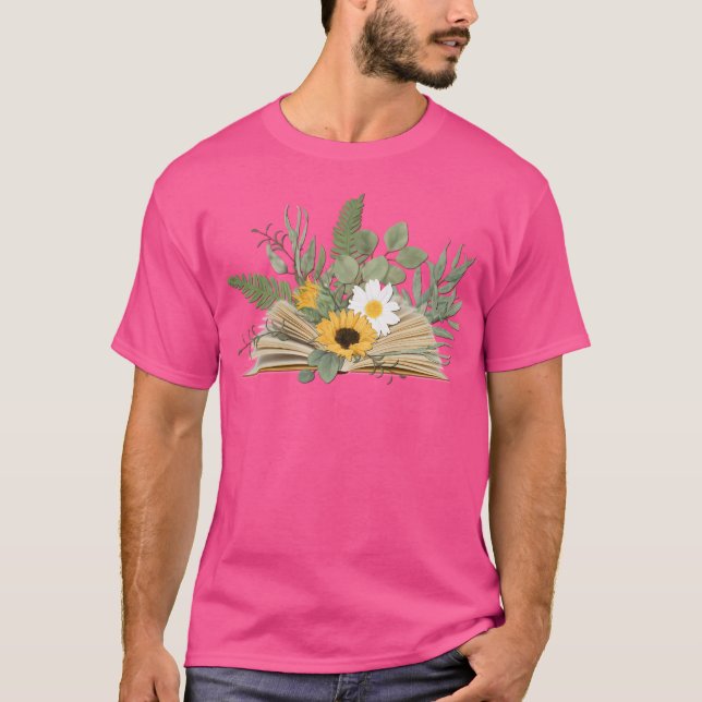 Öppen bok med blommor och blad t shirt (Framsida)