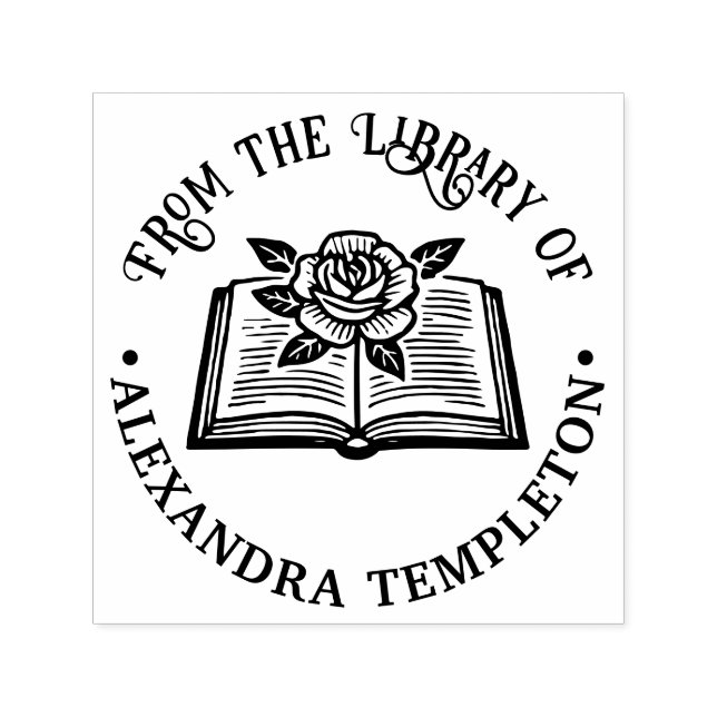 Öppen bok med ros #1P med bibliotekets boknamn Självfärgande Stämpel (Design)