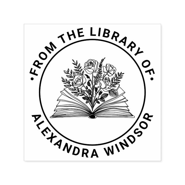 Öppen bok med rosbukett Namn bibliotek bok Självfärgande Stämpel (Design)