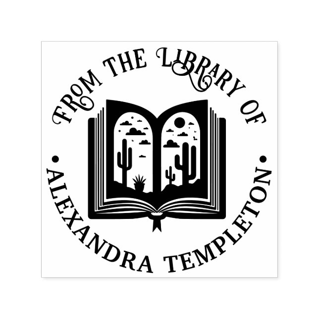 Öppen bok ökenlandskap sidor bibliotek boknamn självfärgande stämpel (Design)