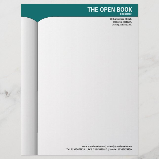 Öppen Bok - Tealgrön 006666 Brevhuvud (Framsida)