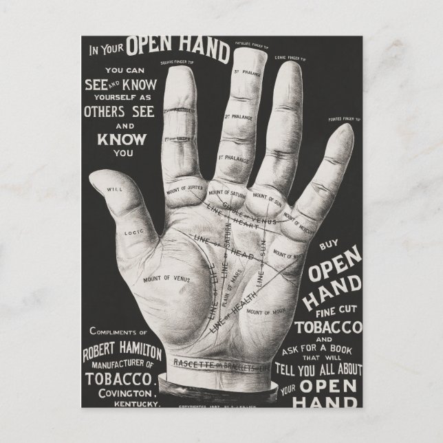 Öppen hand, handläsning vykort (Framsida)