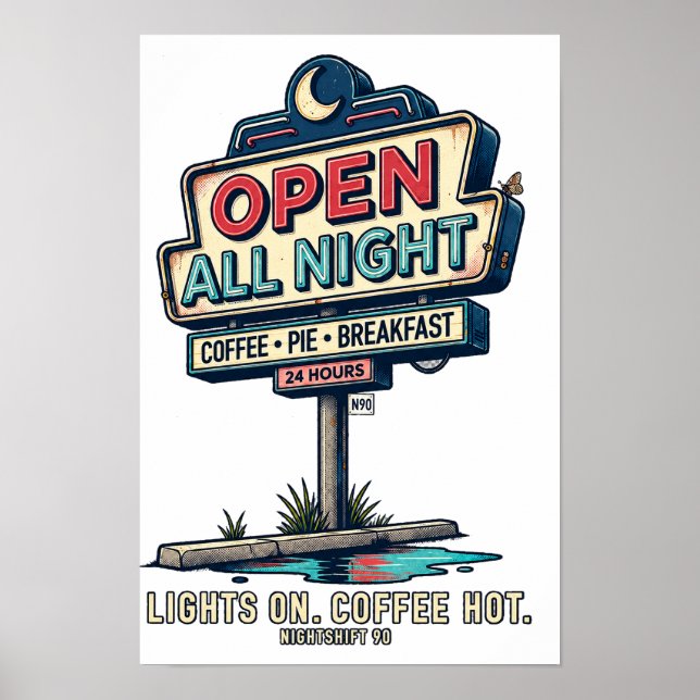 Öppen Hela Natten Retro Diner Skylt NIGHTSHIFT 90 (Framsidan)