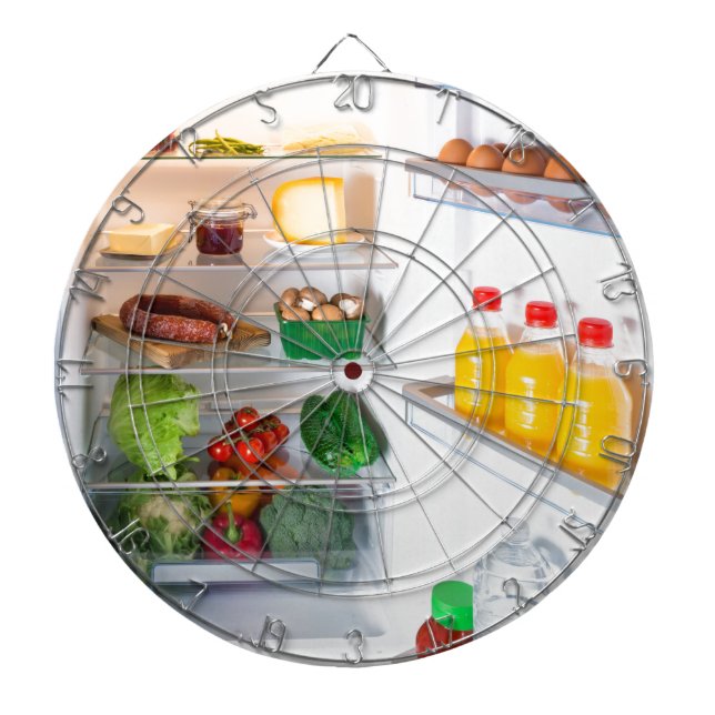 Öppen kyl fylld med mat darttavla (Framsidan)