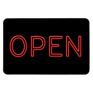 ÖPPEN Red Neon Brev på svart bakgrund Magnet