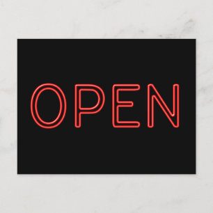 ÖPPEN Red Neon Brev på svart bakgrund Vykort