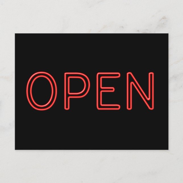 ÖPPEN Red Neon Brev på svart bakgrund Vykort (Framsida)