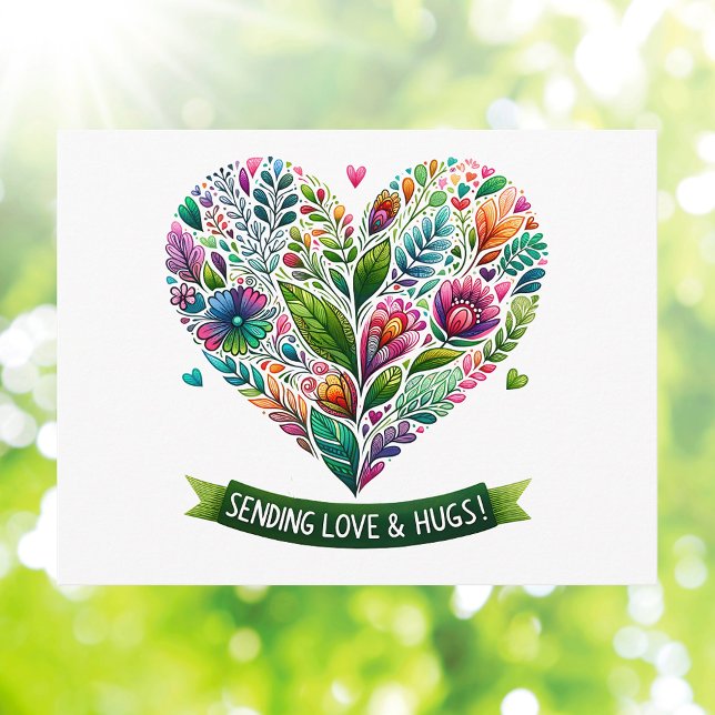 Öppenhjärtligt kärlek och kramar Blommig Hjärtform Vykort (Heartfelt Sending Love and Hugs Floral Heart Postcard
)