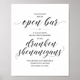 Öppet bröllopsbar, berusade rackartyg tecken poster