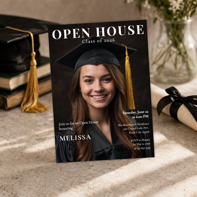 Öppet hus Examen Foto Inbjudan (Editable open house graduation invite with modern magazine style design)