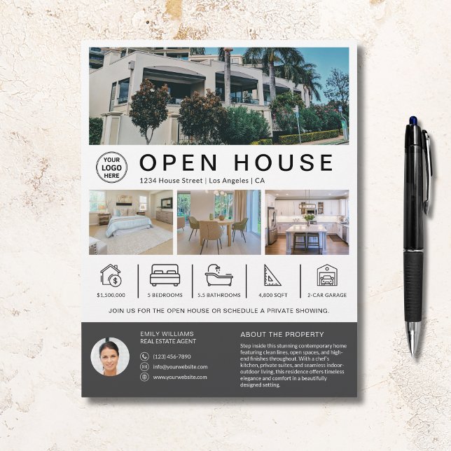Öppet hus Fastighetsmäklare Anpassad logotyp Reklamblad (Open House Real Estate Realtor Custom Logo)