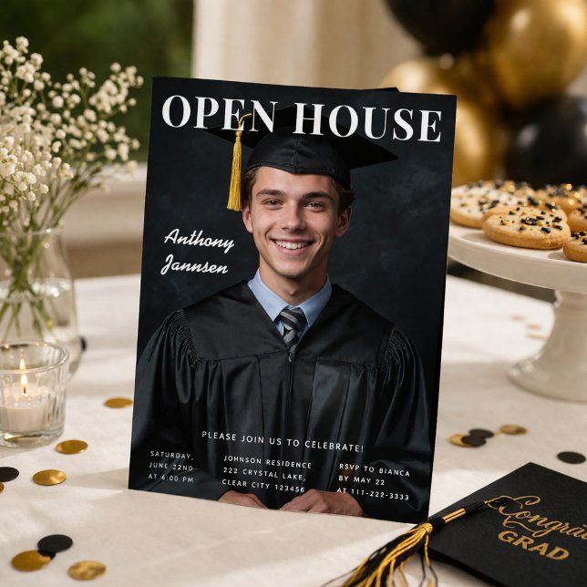 Öppet hus för examensfirande - Fotoinbjudan Inbjudningar (Graduation open house photo invitation styled for a warm and elegant celebration setup)