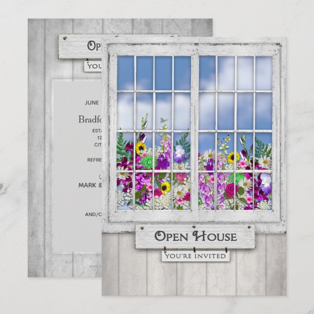 ÖPPET HUS, INBJUDAN, Rustik Window/Flower box Inbjudningar (Fram/baksida)