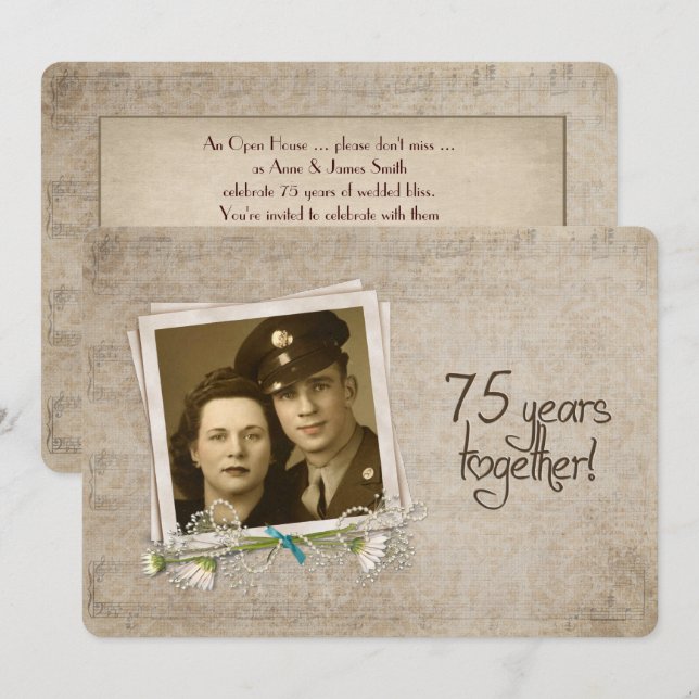 Öppet hus på 75-års bröllopsdag inbjudningar (Fram/baksida)