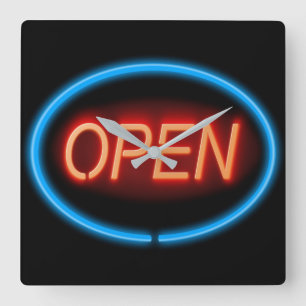 Öppet tecken för neon fyrkantig klocka
