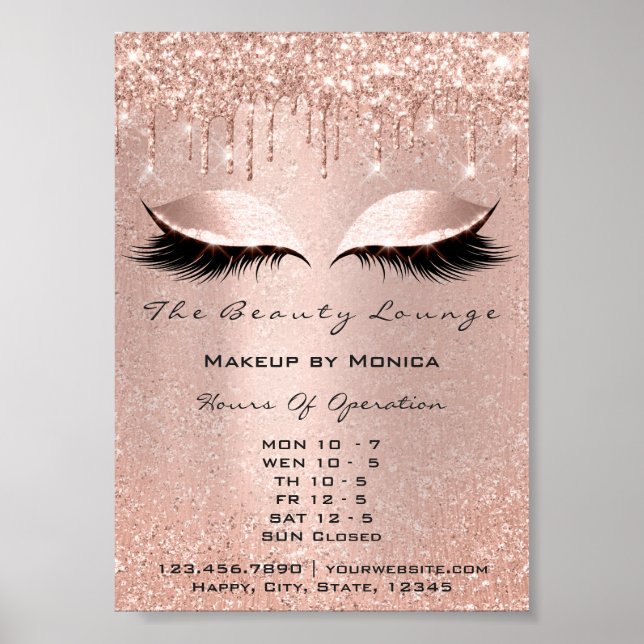 Öppettider för Lash Makeup Salon Rose Drips Glitte Poster (Framsidan)