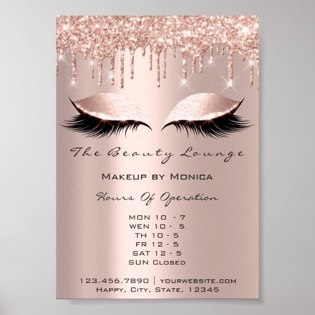 Öppettider för ögonfranssminkning Salon Rose Drips Poster (Framsidan)