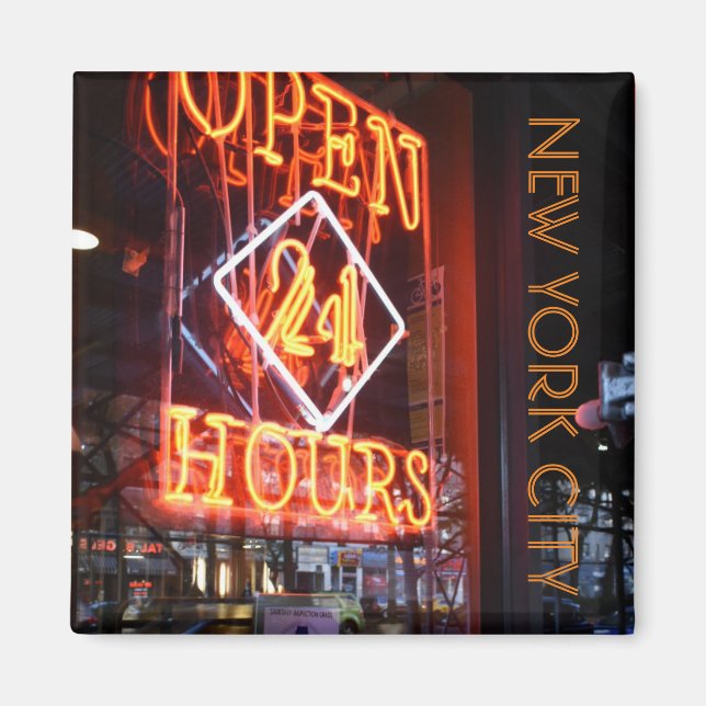 Öppna 24 timmar Neon Middag Sign New York City NYC Magnet (Framsidan)
