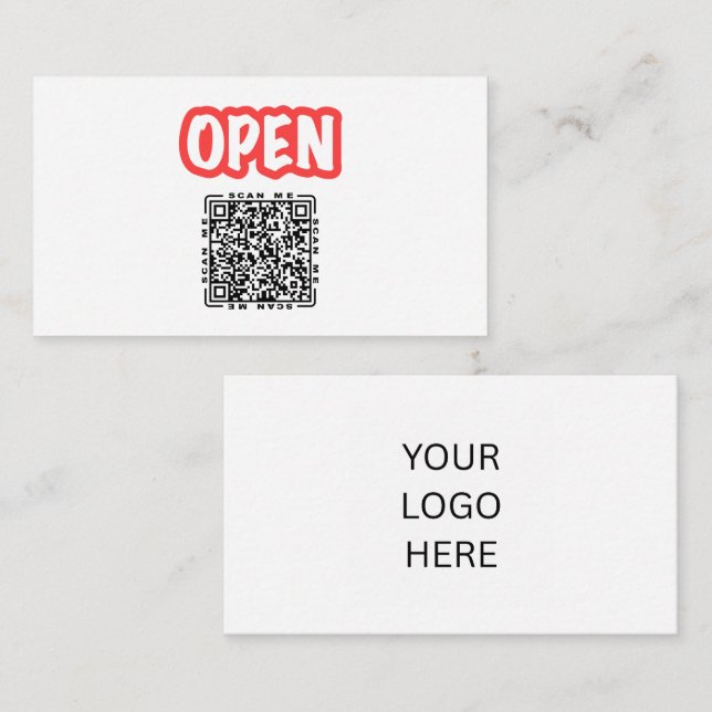 Öppna | Anpassningsbar QR-kod & Logotyp Mall Svart Visitkort (Fram/baksida)