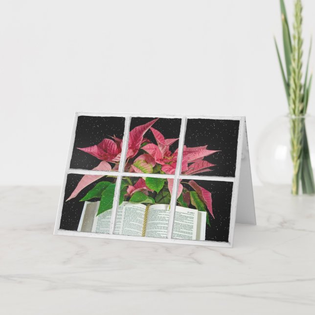 Öppna bibel med poinsettias i fönster kort (Framsida)