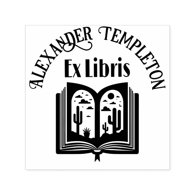 Öppna Bok med plusterlandskapssida "Ex Libris" Självfärgande Stämpel (Design)