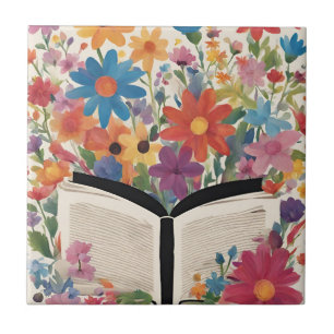 Öppna Bok med vattenfärgsblommor Kakelplatta