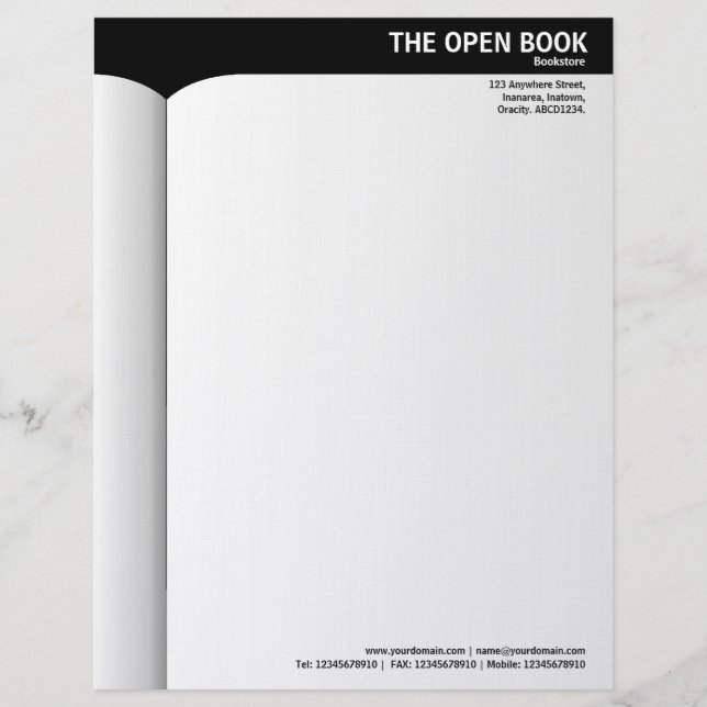 Öppna Bok - Svart (Specklad Papper) Brevhuvud (Framsida)