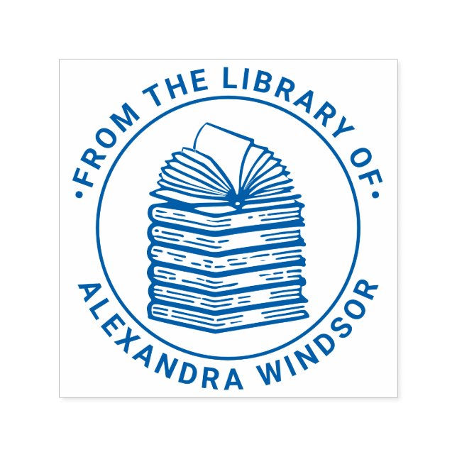 Öppna Bok vid Bok Stack Bibliotek Bok Namn Självfärgande Stämpel (Design)