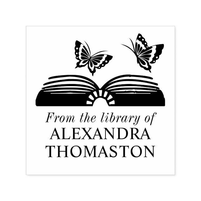 Öppna boken med två fjärilar Biblioteksboknamn Självfärgande Stämpel (Design)