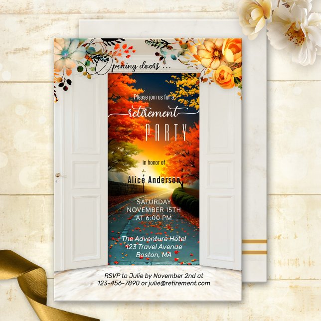 Öppna dörrar Hösten Pension Party Inbjudningar (Retirement party invitation featuring an image of opening doors showing a road to a colorful future)