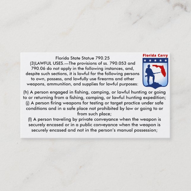 Öppna Florida skjutvapen bär lagvisitkortar. Visitkort (Framsida)