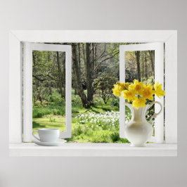 Öppna fönster på Woodland Scene med Daffodils Poster