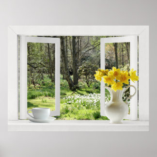 Öppna fönster på Woodland Scene med Daffodils Poster