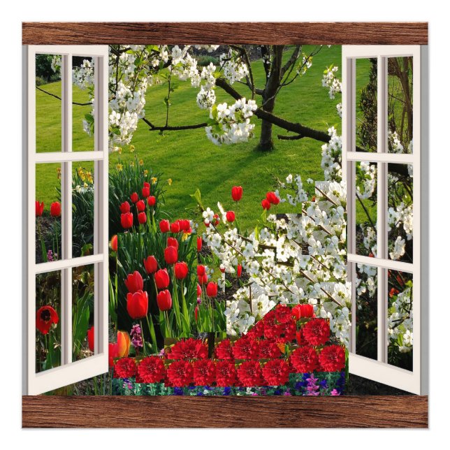 Öppna fönster till färgstark Blomsterträdgård Yard Fototryck (Framsidan)