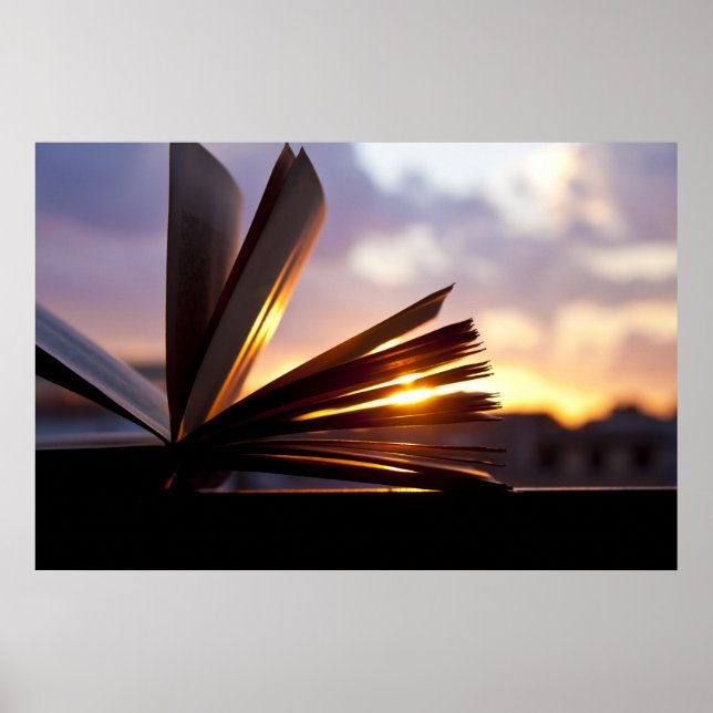 Öppna fotografi av Bok och solnedgång Poster (Framsidan)
