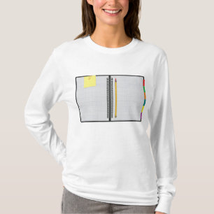 Öppna grafiska pappersanteckningsböcker med penna t shirt