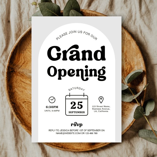 Öppna händelse för nytt Trendig Arch New Business  Inbjudningar (Trendy Business Grand Opening invitation design, featuring retro fonts, arch background and icons)