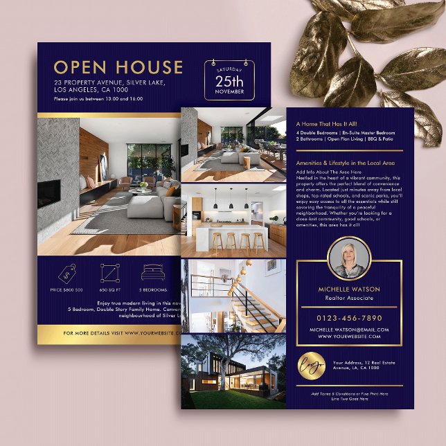 Öppna hus för försäljning av flygblad med foto i f (Elegant navy blue and gold effect open house marketing flyer with photos and custom text)