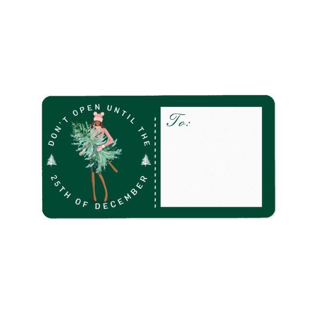 Öppna inte förrän julflickan Holding Träd Adressetikett (Framsidan)