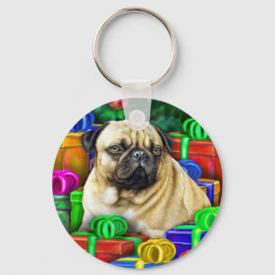 Öppna julklappar för kinesisk pug NU Nyckelring