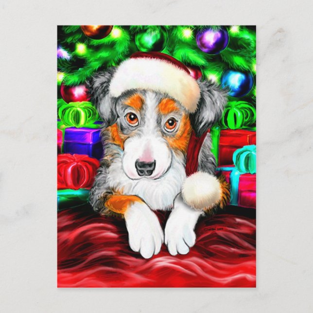 Öppna julklappar i australian shepherd helg vykort (Framsida)