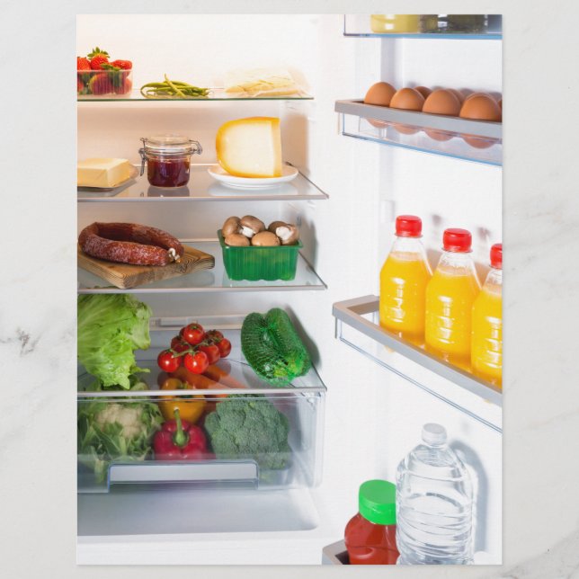 Öppna kylskåp fylld med mat (Framsida)