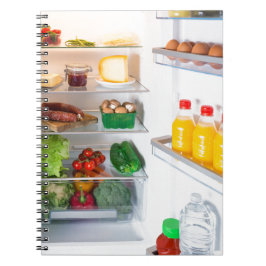 Öppna kylskåp fylld med mat anteckningsbok med spiral